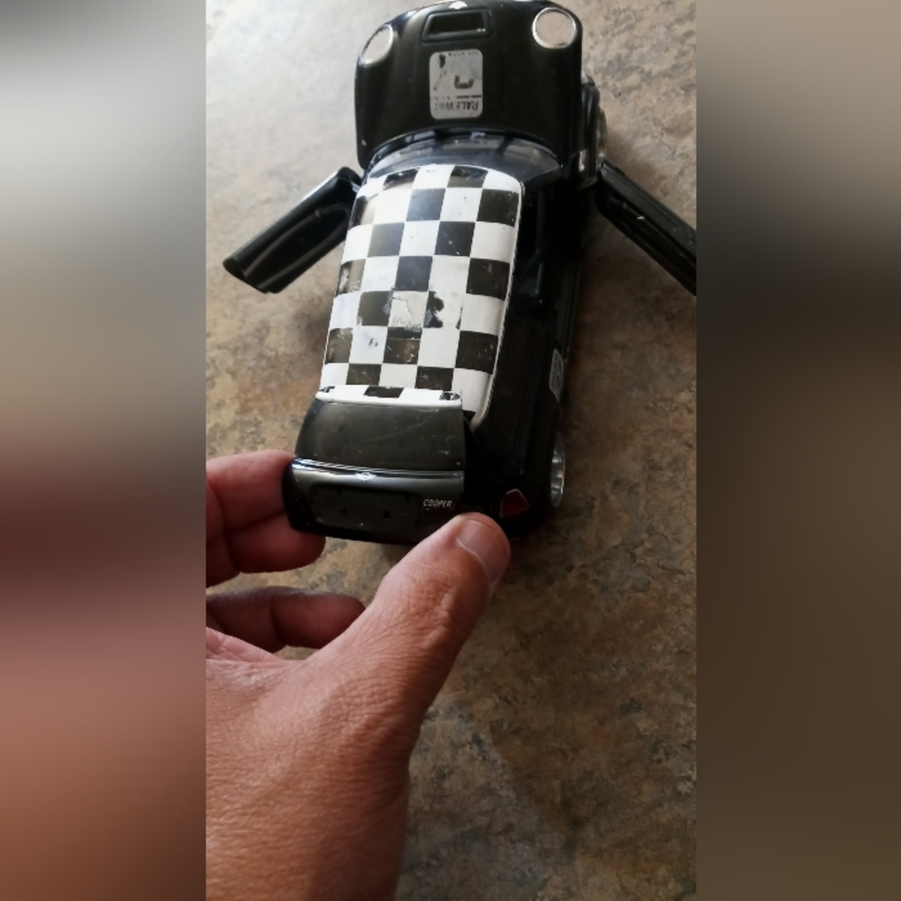 Black Mini Cooper Style Car Model with Checkered Roof - Automotive Decor 1/24 - Picture 8 of 10